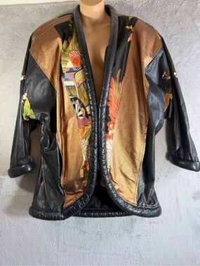 Vtg 80s OPULENT Patchwork Leather Kimono Jacket Silk Floral Metallic Avant Garde